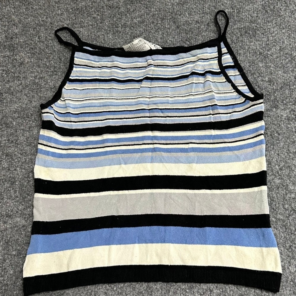 Bebe Cami Tank Top Womens Size M Blue Striped Rayon Knit Spaghetti Strap Y2K